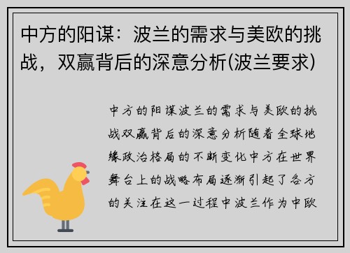 中方的阳谋：波兰的需求与美欧的挑战，双赢背后的深意分析(波兰要求)